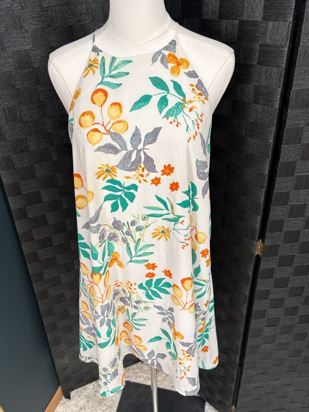 Everly High Neck Botanical Floral Sleeveless Mini Dress
